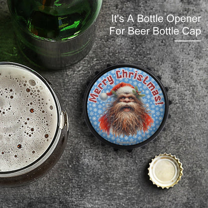 Bigfoot / Sasquatch Santa "Merry Christmas", 3” Magnetic Can Opener / Coaster / Fridge Decor