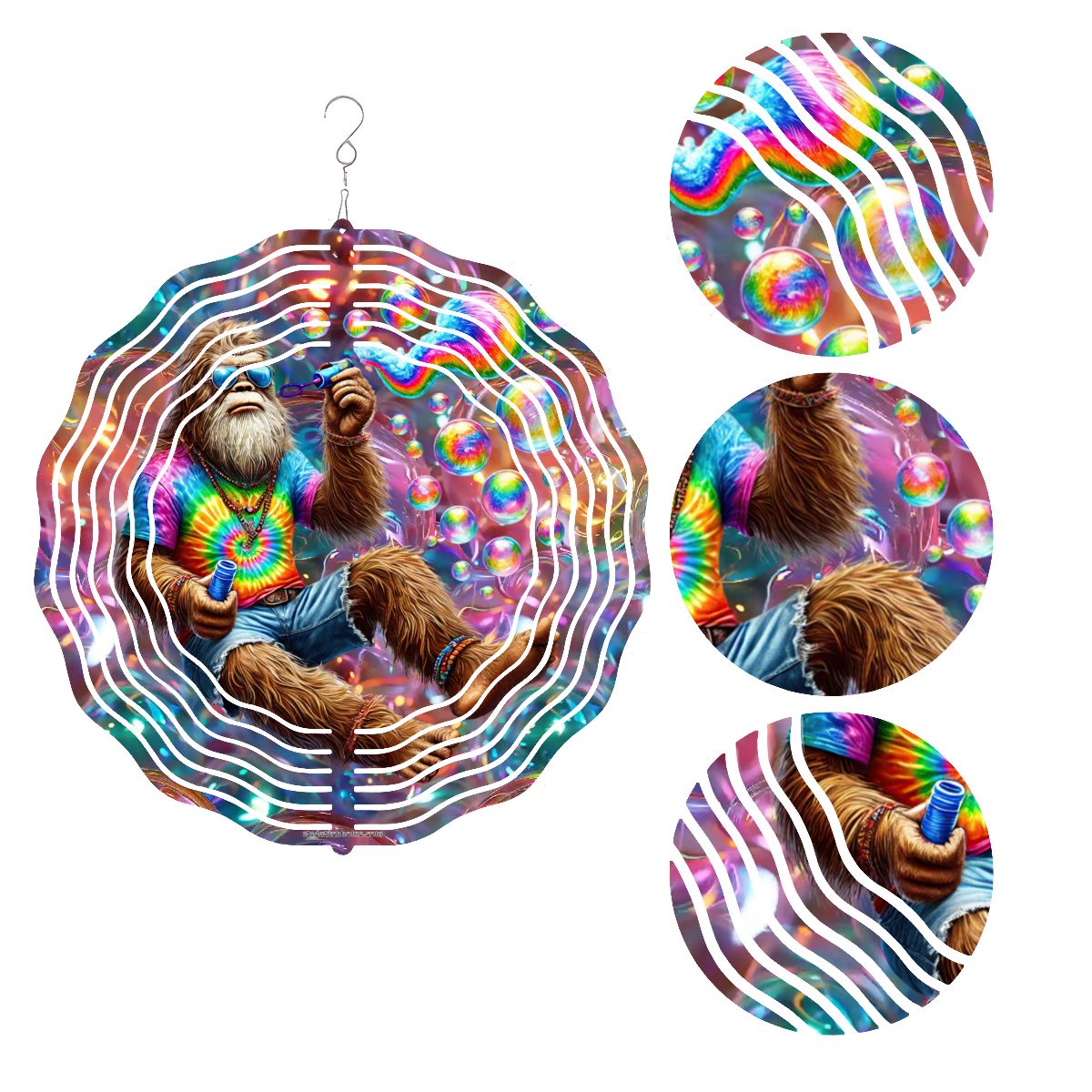 Hippie Sasquatch Blow Bubbles, US Made Hanging Metal 3D Wind Spinner, Ornament