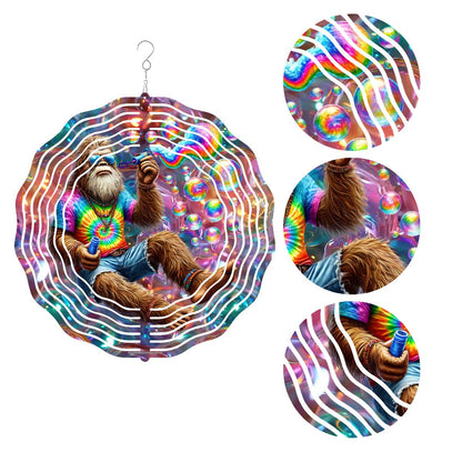 Hippie Sasquatch Blow Bubbles, US Made Hanging Metal 3D Wind Spinner, Ornament