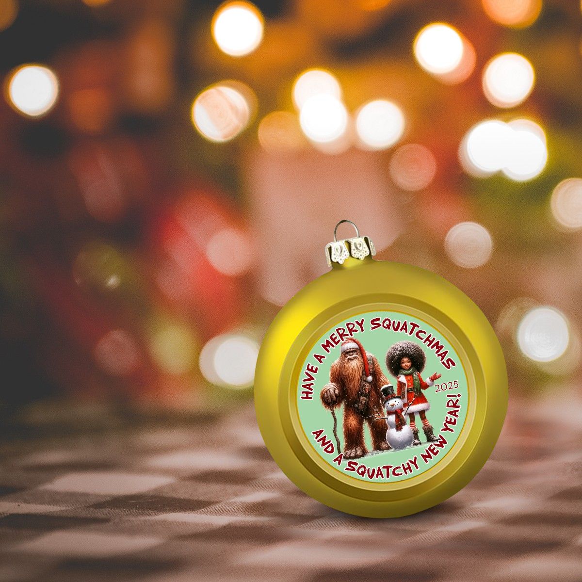 Bigfoot Sasquatch & Girl "Hairy Squatchmas..", Christmas Ball Ornaments