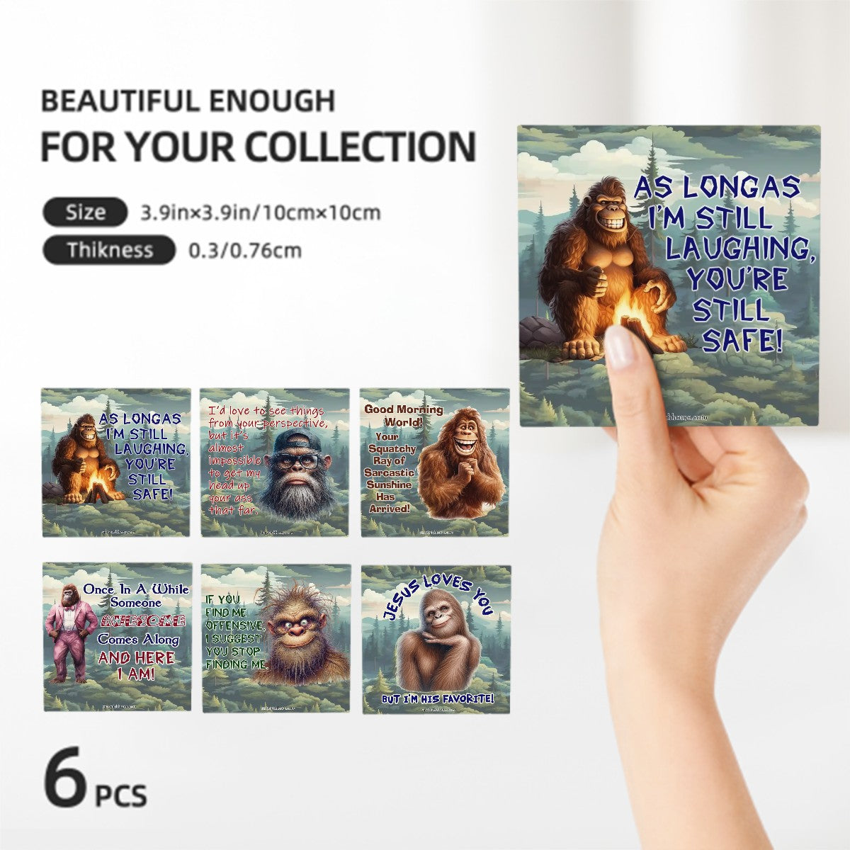 Sarcastic Sasquatch, Square Ceramic Coasters 6 pcs