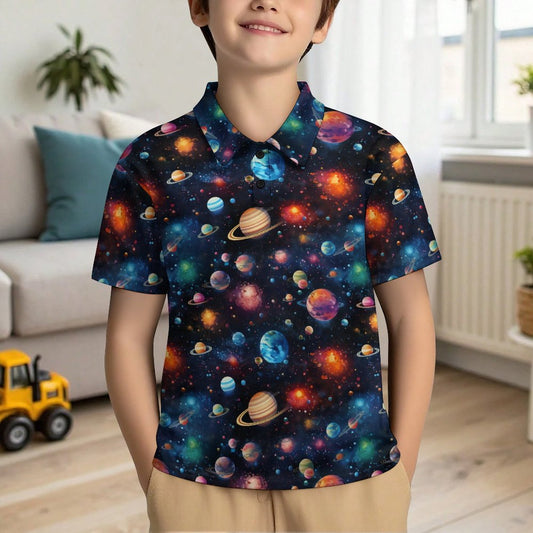 12 Galaxy, Outer Space, Kids Button Down Polo Shirt