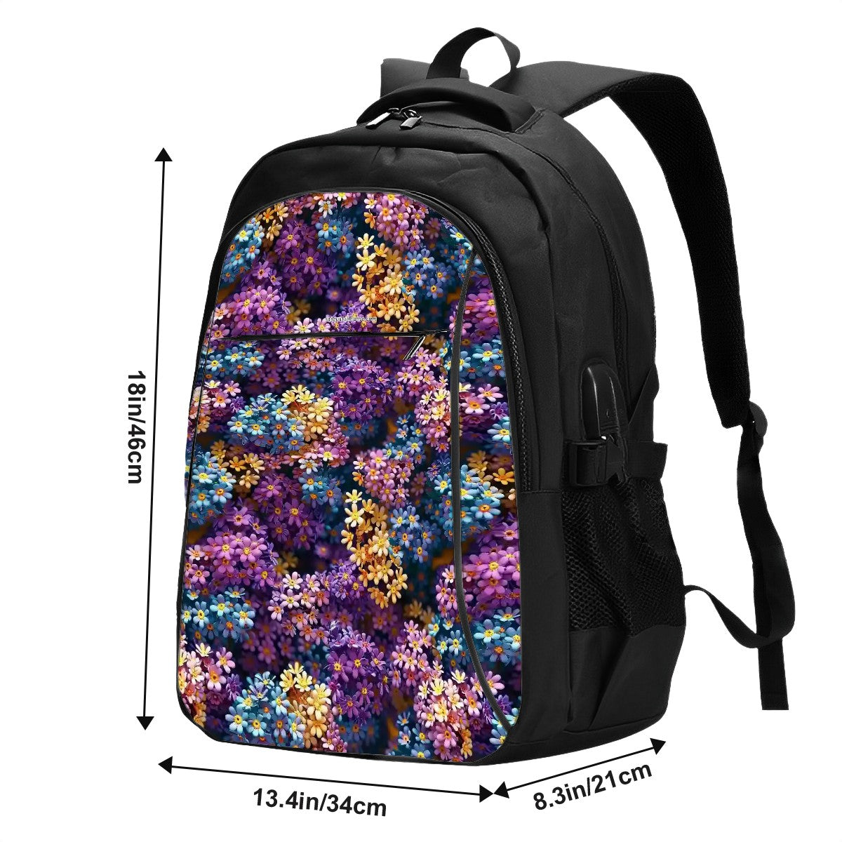 10 Flower Designs, Large Capacity, Oxford Travel, Laptop Bag with USB Charger