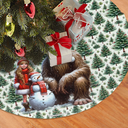 Sasquatch Santa Bigfoot w Girl, Plush Christmas Tree Skirt – 3 Sizes