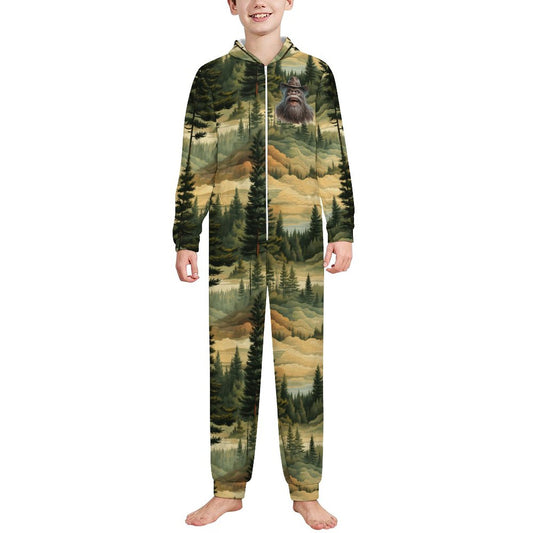 Sasquatch in Woods, Youth Flannel Footless Zip up Pajama Jumpsuit