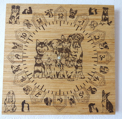 Hand Made Wood "Dog Clock" , Laser Etched Mechanic Clocks 2 Sizes