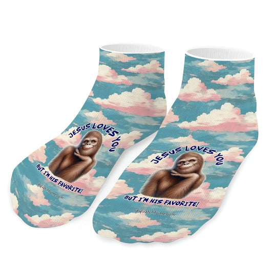 Bigfoot / Sasquatch "Jesus Loves you...", 8” Poly Ankle Socks