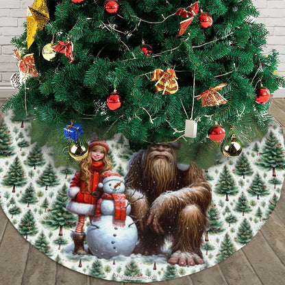 Sasquatch Santa Bigfoot w Girl, Plush Christmas Tree Skirt – 3 Sizes