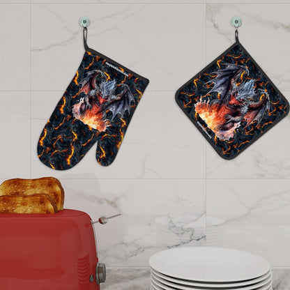 Set of 2 Oven Mitt and Pot Holder - Dragon On Lava