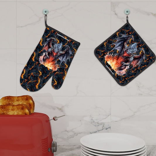 Set of 2 Oven Mitt and Pot Holder - Dragon On Lava