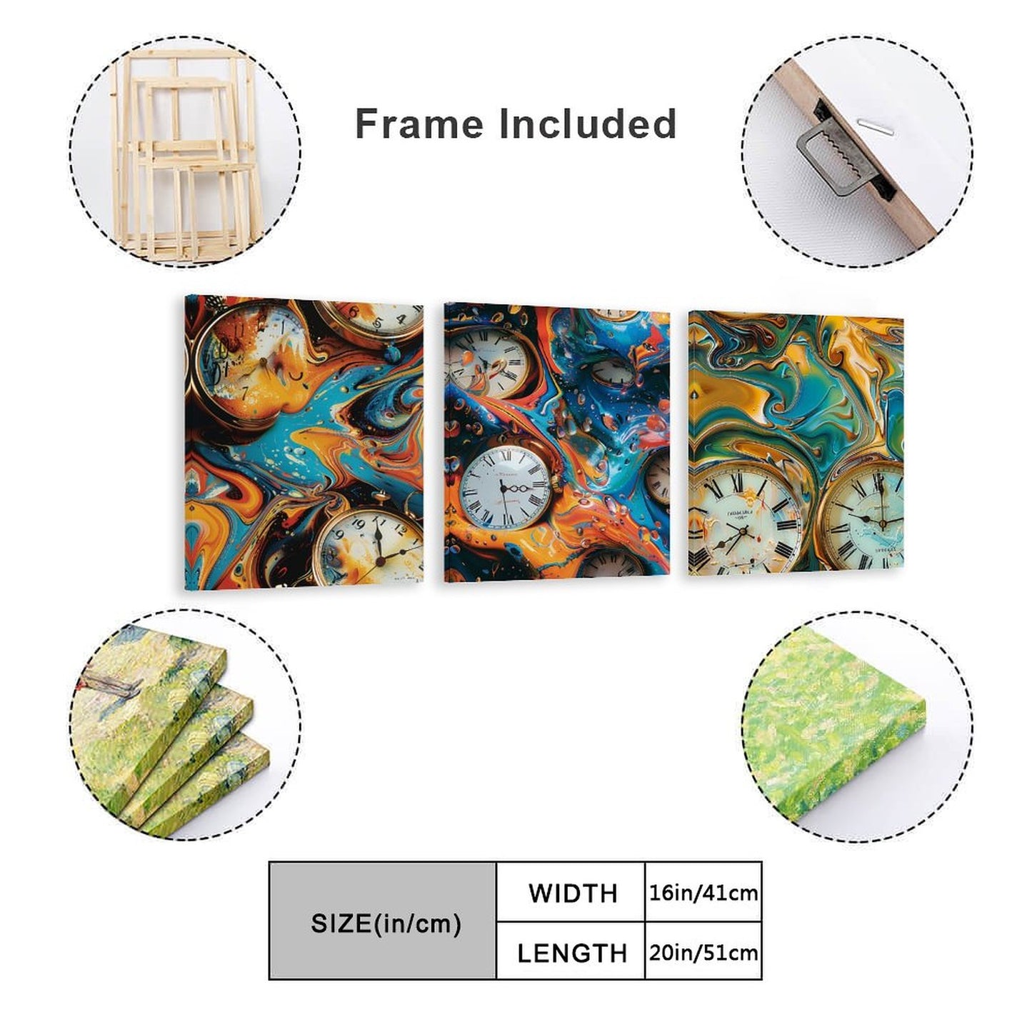 Psychedelic Clocks Canvas Wall Art -16”x 20” (x3) - Made In USA