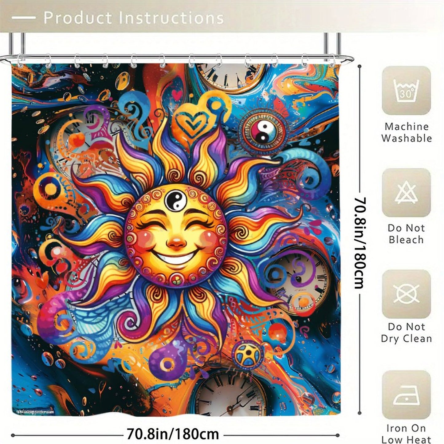 Happy Rainbow Sunshine Waterproof Polyester Shower Curtain – Made in the USA – 70.8x70.8”
