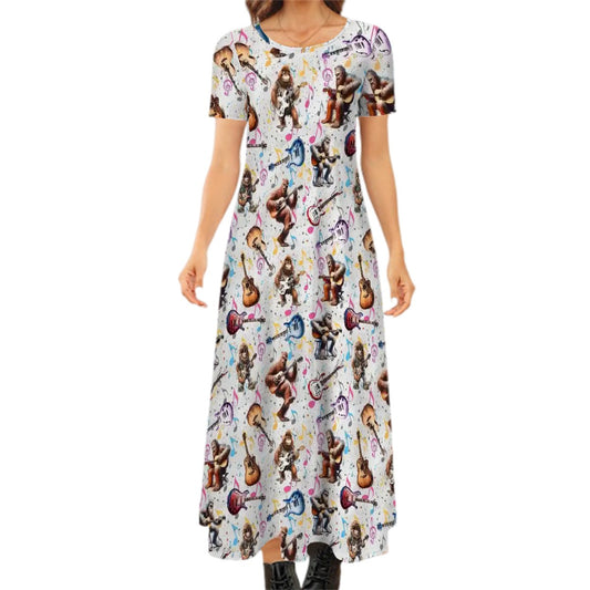 Bigfoot Sasquatch Playing Guitars, Crew Neck Short Sleeve Maxi Dress