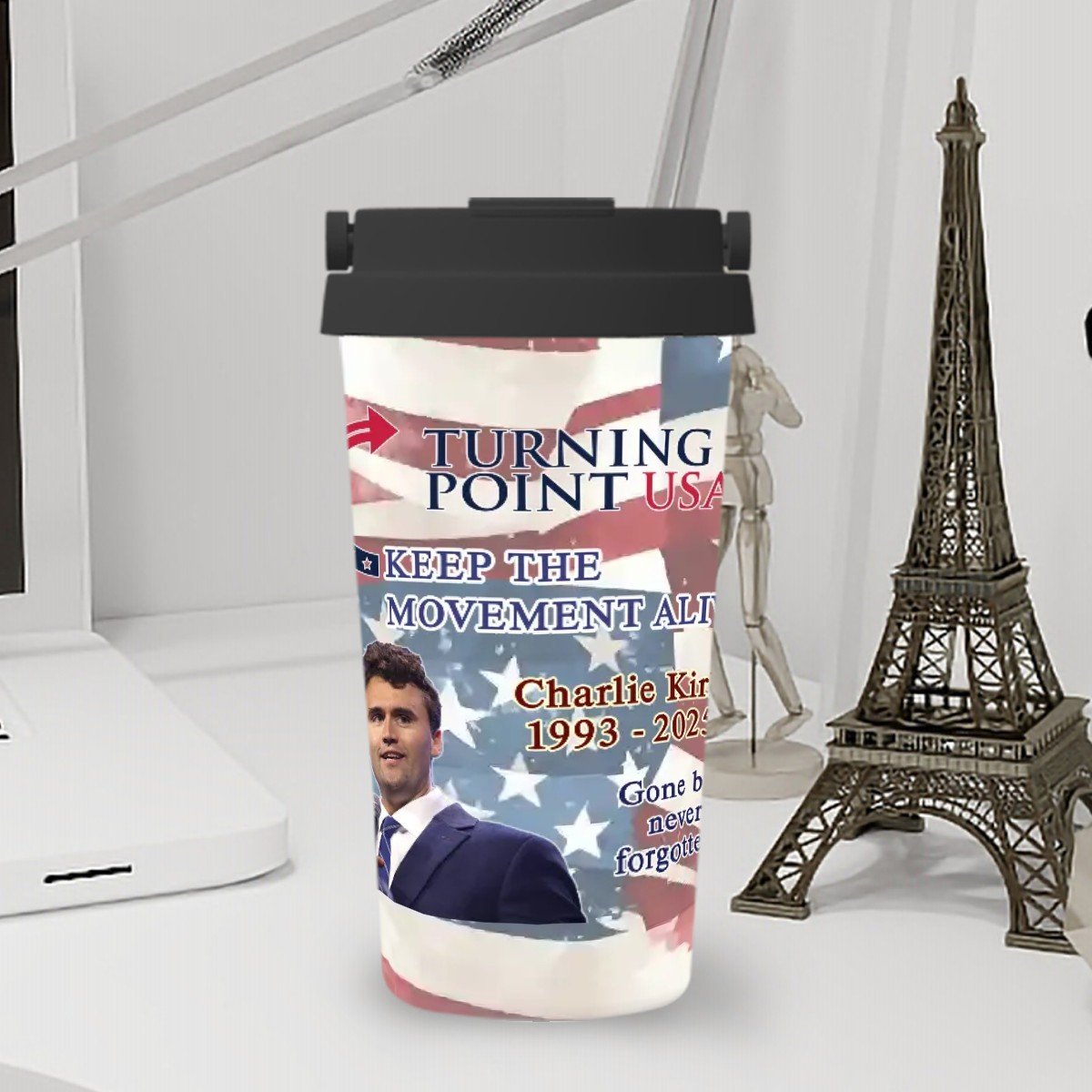 Charlie Kirk Memorial, 17 oz Insulated Coffee Mug with Lid & Carrying Handle