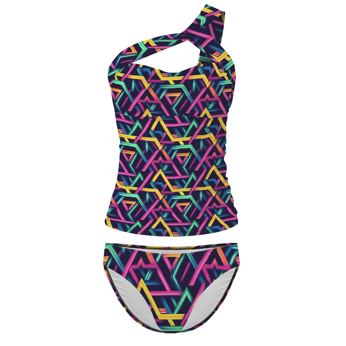 Psychedelic Line Design, Women One Shoulder Tankini, Two Piece