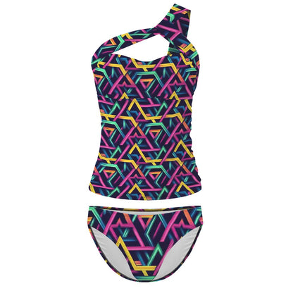 Psychedelic Line Design, Women One Shoulder Tankini, Two Piece