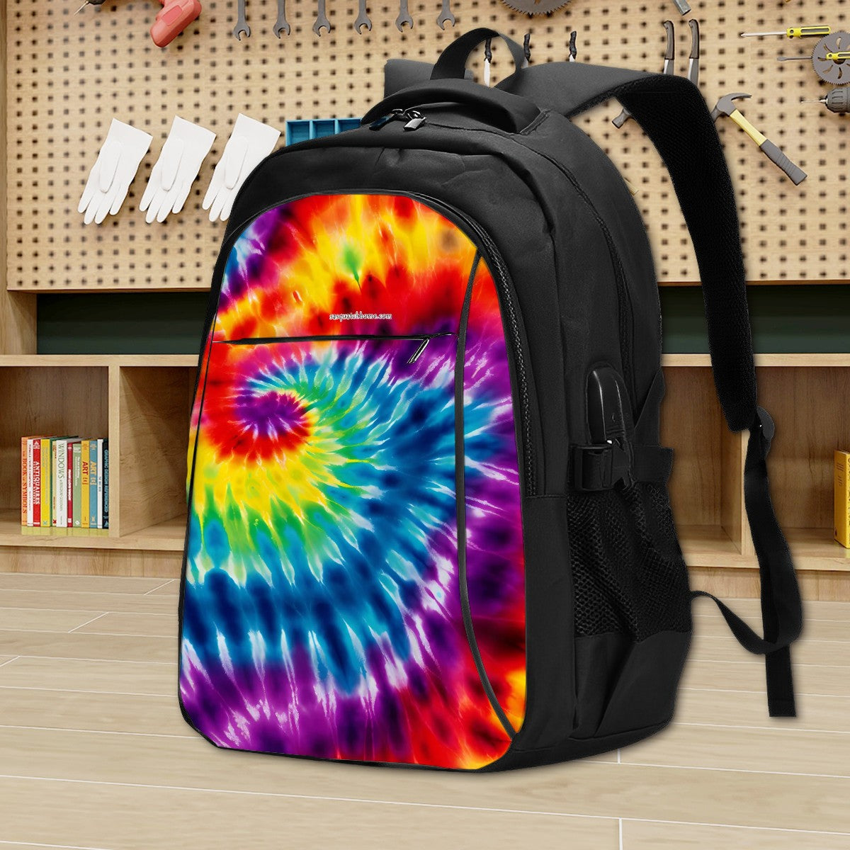19 Tie Dye Designs, Large Capacity, Oxford Travel, Laptop Bag with USB Charger