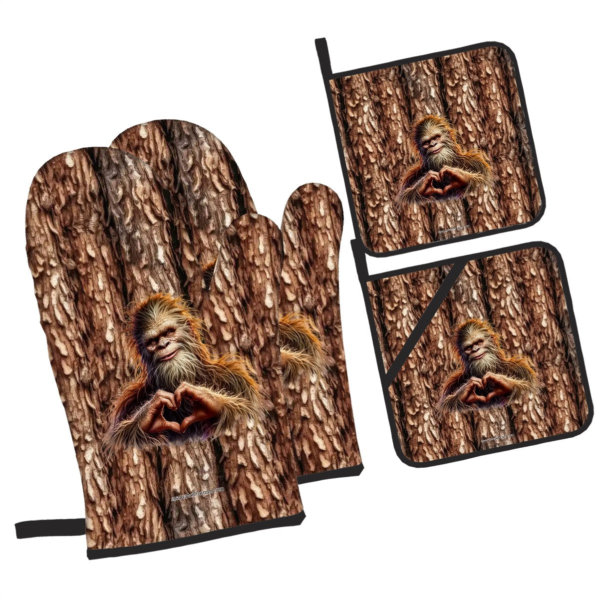 Bigfoot / Sasquatch Heart Hands, 4 Piece Oven Mitts / Pot Holder Sets