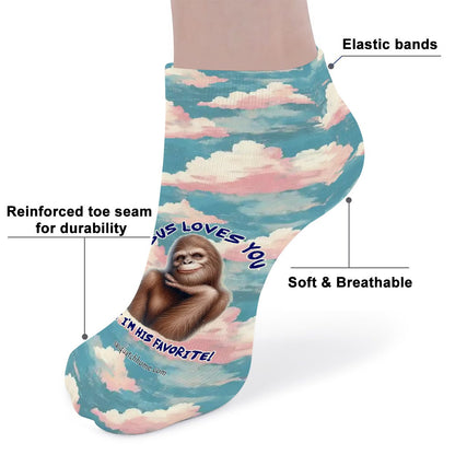 Bigfoot / Sasquatch "Jesus Loves you...", 8” Poly Ankle Socks