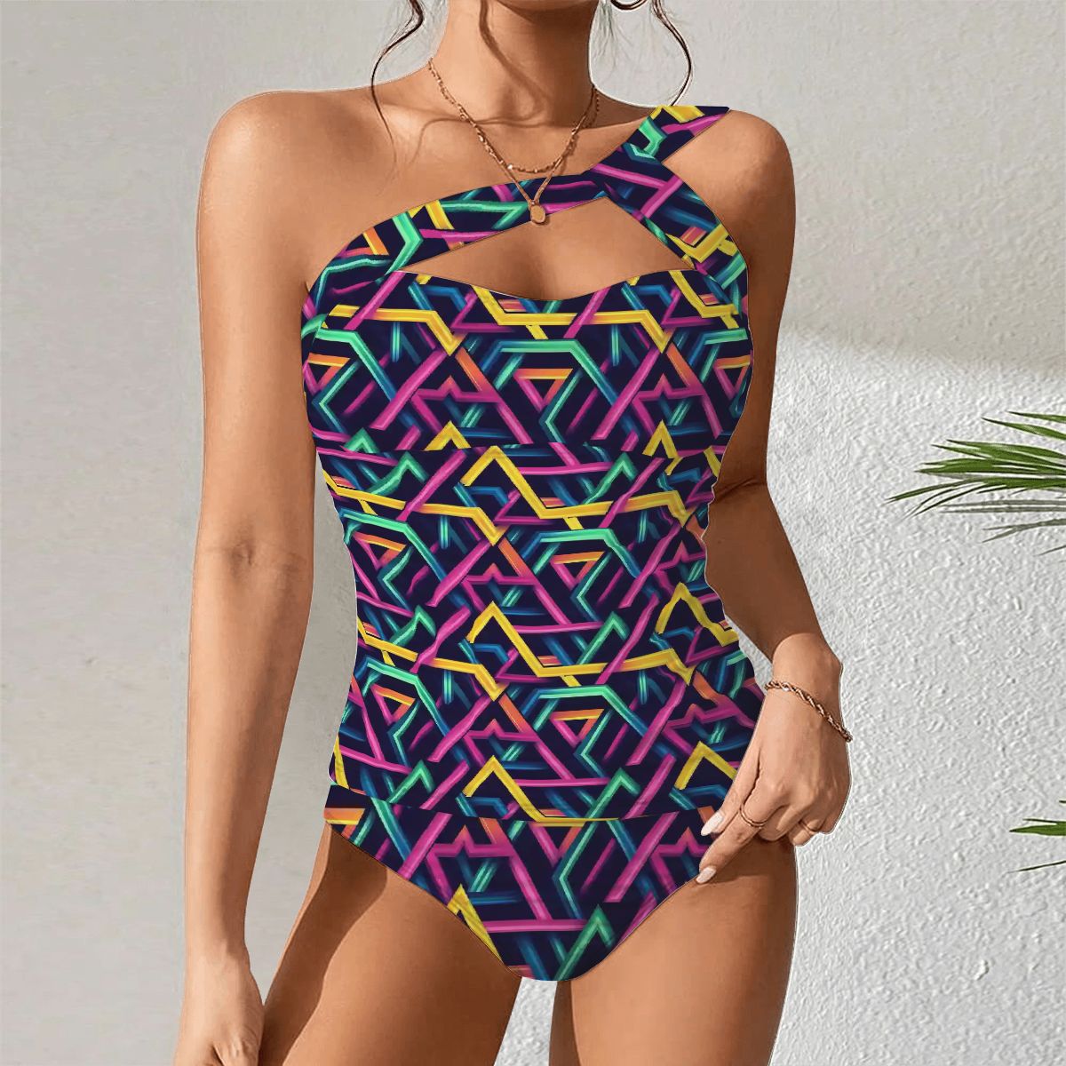 Psychedelic Line Design, Women One Shoulder Tankini, Two Piece