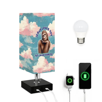 Bigfoot / Sasquatch "Jesus loves you..", Square Table Lamp with USB Ports, Charger