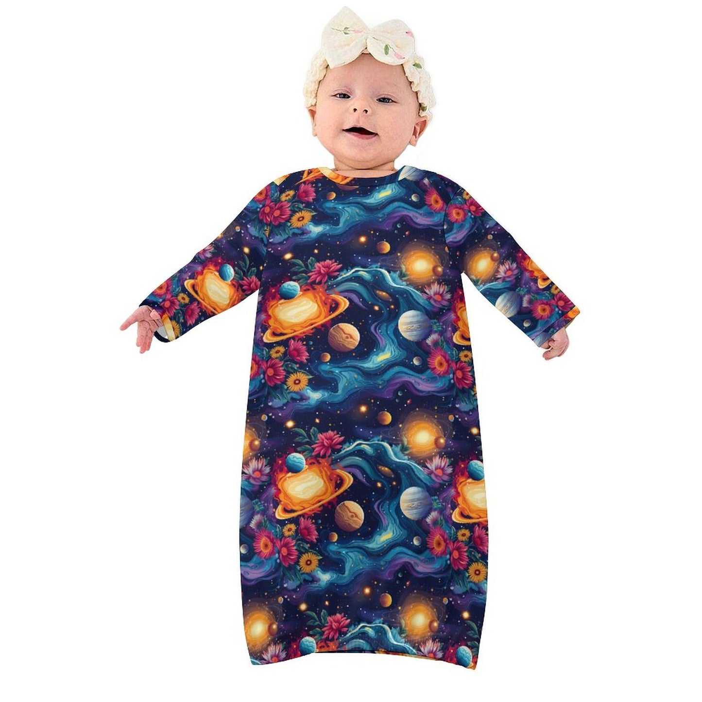 12 Galaxy, Outer Space Designs, Baby Long Sleeve Faux Cotton Sleeper Gown