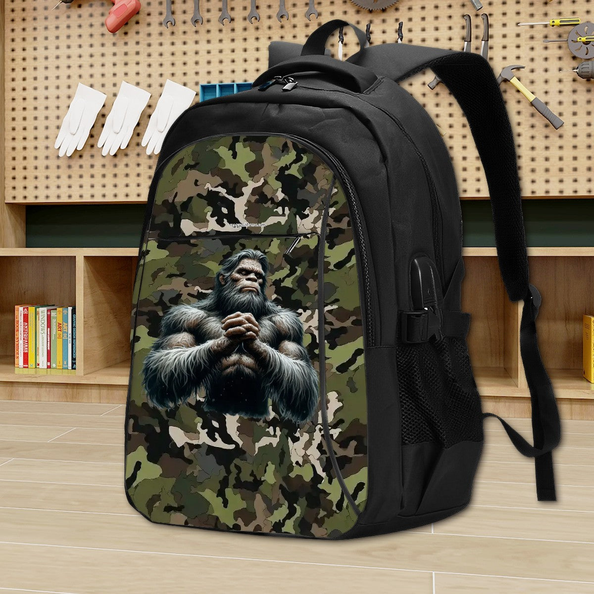 Bigfoot / Sasquatch on Camo, Large Capacity, Oxford Travel, Laptop Bag with USB Charger