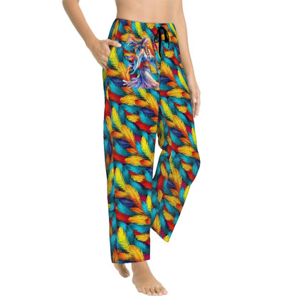 Rainbow Feathers,  Hippie,  Women's Pajama Pants with Pockets