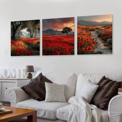 Poppy Fields Canvas Wall Art -16”x 20” (x3) - Made In USA
