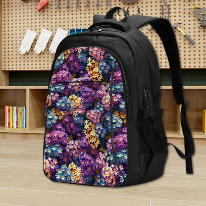 10 Flower Designs, Large Capacity, Oxford Travel, Laptop Bag with USB Charger