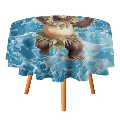 Sasquatch Hula On the Beach Round Tablecloth on Round Table