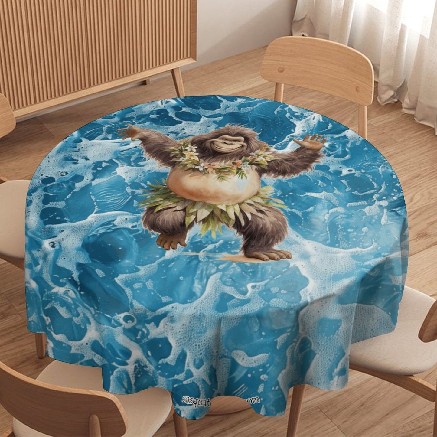 Sasquatch Hula On the Beach Round Tablecloth on Round Table
