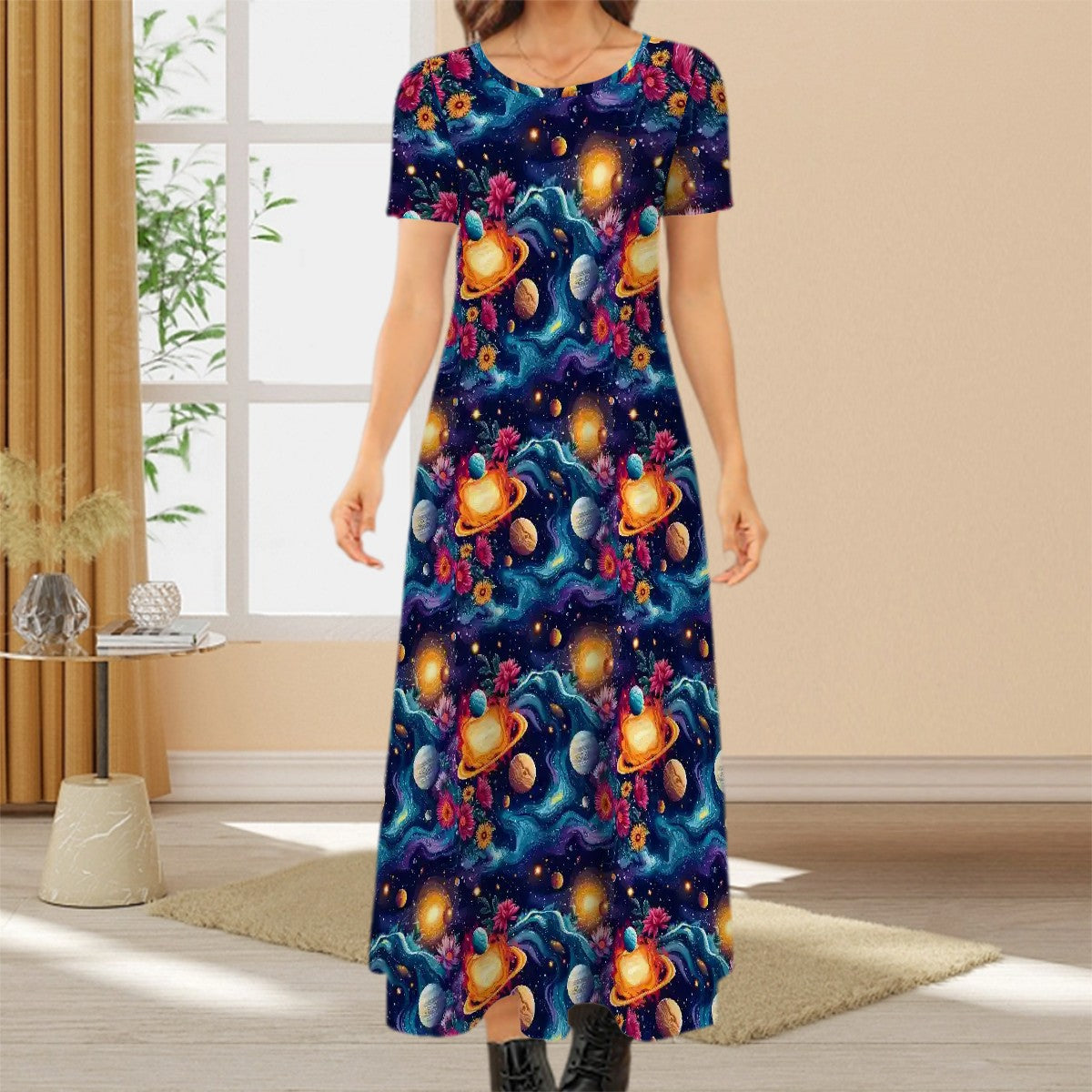 12 BEAUTIFUL Outer Space Designs, Crew Neck Short Sleeve Maxi Dress