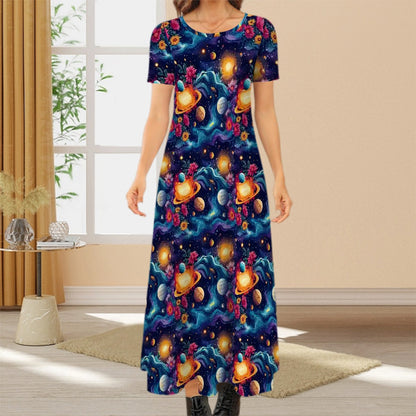 12 BEAUTIFUL Outer Space Designs, Crew Neck Short Sleeve Maxi Dress