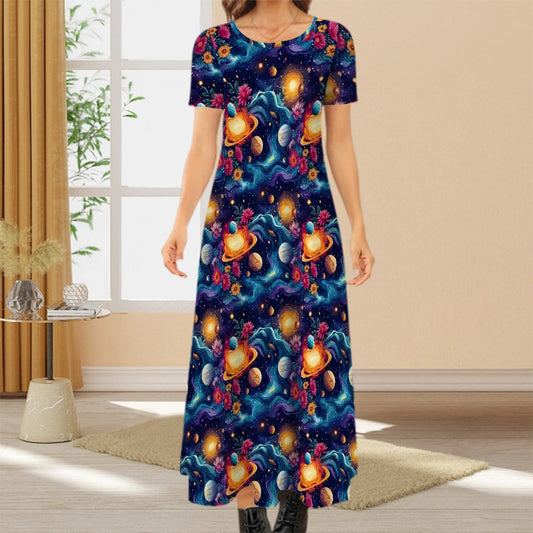 12 BEAUTIFUL Outer Space Designs, Crew Neck Short Sleeve Maxi Dress
