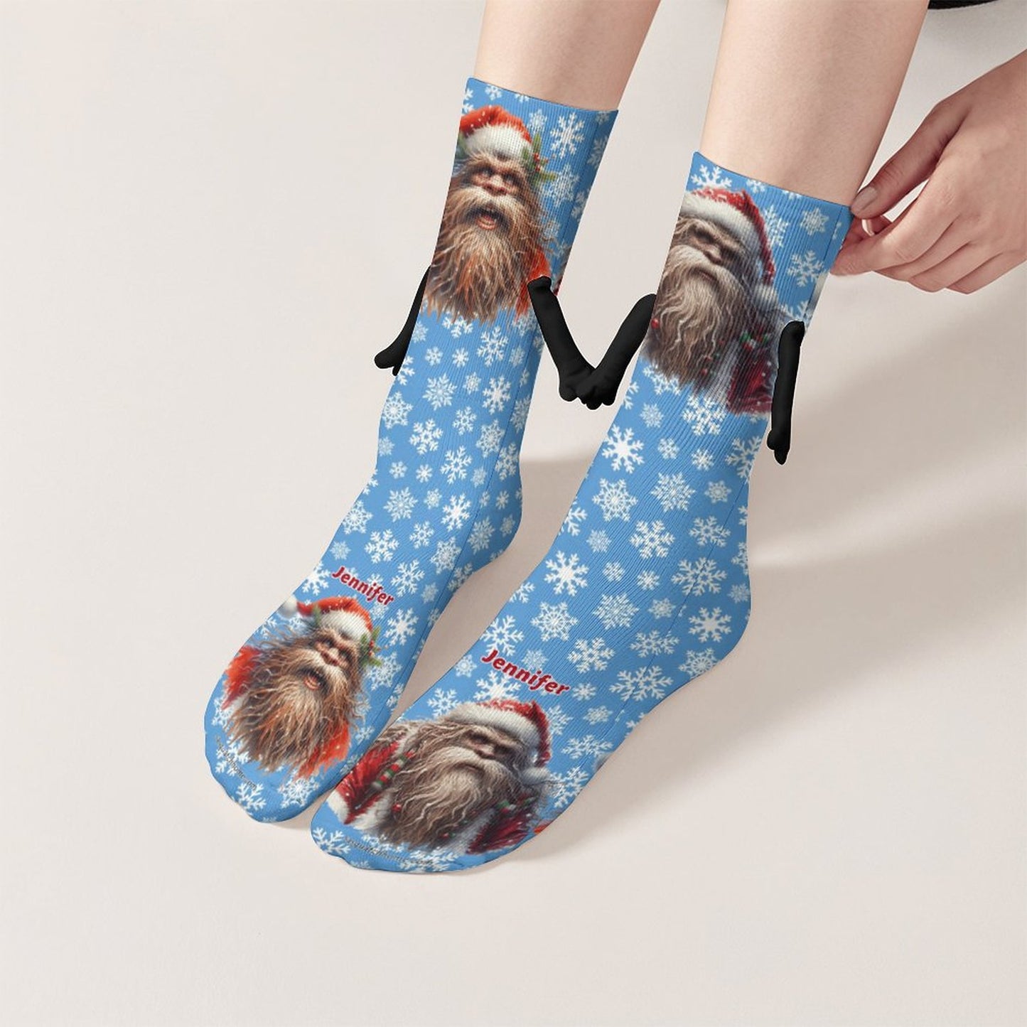 Santa Bigfoot Magnetic Holding Hands Funny Socks – PERSONALIZE FREE