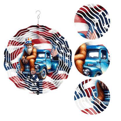 Patriotic Bigfoot, Sasquatch, US Made Hanging Metal 3D Wind Spinner, Ornament