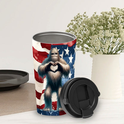 Bigfoot / Sasquatch "God bless the USA..", 17 oz Insulated Coffee Mug with Lid & Carrying Handle