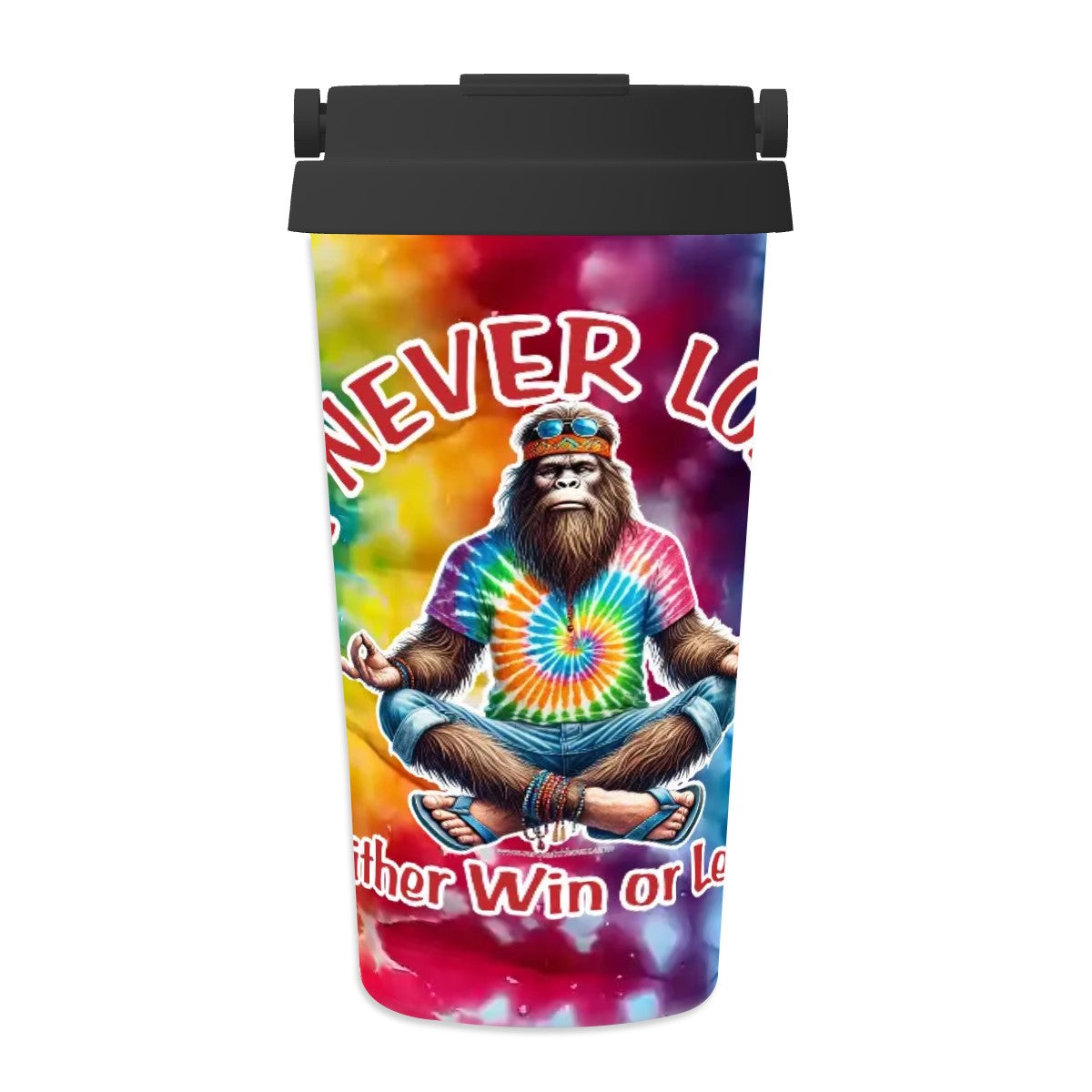 Bigfoot / Sasquatch "I never lose..", 17 oz Insulated Coffee Mug with Lid & Carrying Handle
