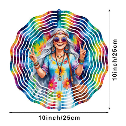 Hippie Lady, US Made Hanging Metal 3D Wind Spinner, Ornament