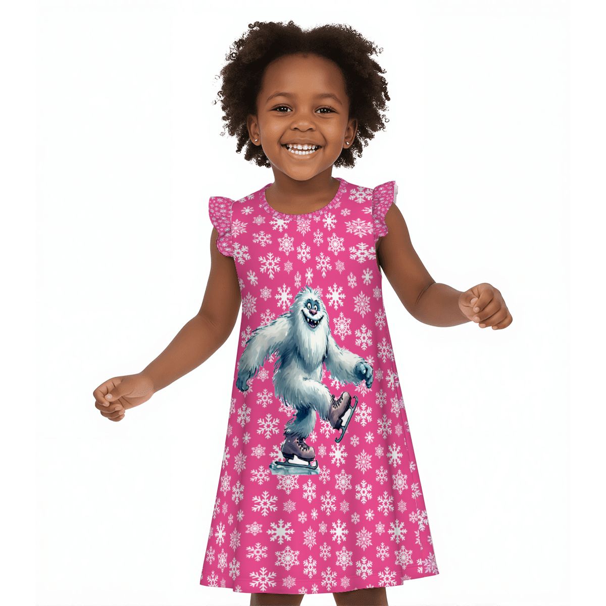 Yeti on Pink Snowflakes, Girl's Flutter Sleeve Nightgown