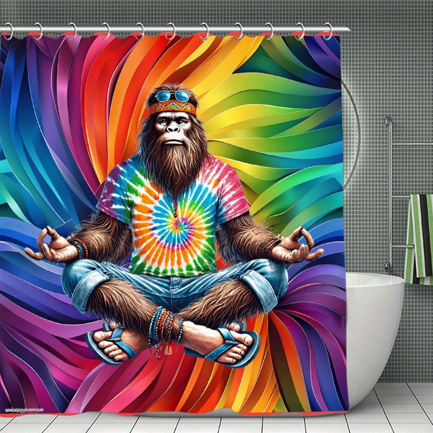 Hippie Sasquatch Bigfoot, Waterproof Polyester Shower Curtain – Made in the USA – 70.8x70.8”