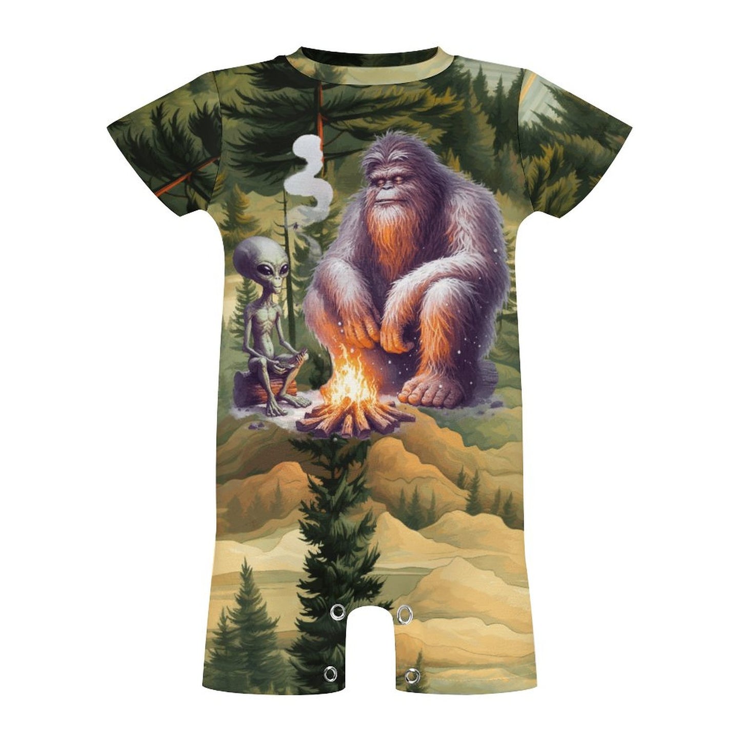 Bigfoot / Sasquatch & Alien, Faux Cotton Short Sleeve Baby Bodysuit Romper