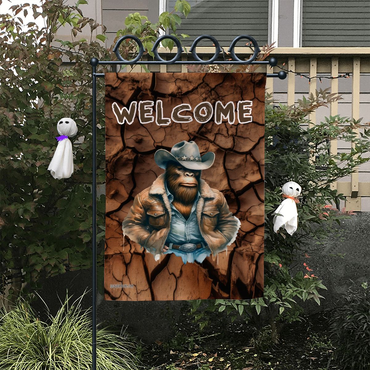 Cowboy Bigfoot Sasquatch, "Welcome, See You Soon", Garden Flag 12"x18" (Made in USA)