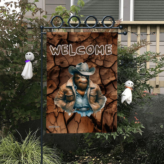 Cowboy Bigfoot Sasquatch, "Welcome, See You Soon", Garden Flag 12"x18" (Made in USA)