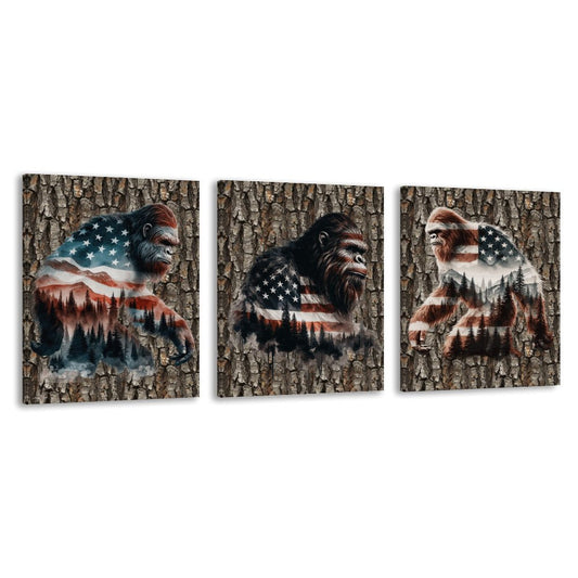 Patriot Bigfoot Sasquatch, Canvas Wall Art - 12”x 16” or 18”x24” (x 3) - Made In USA