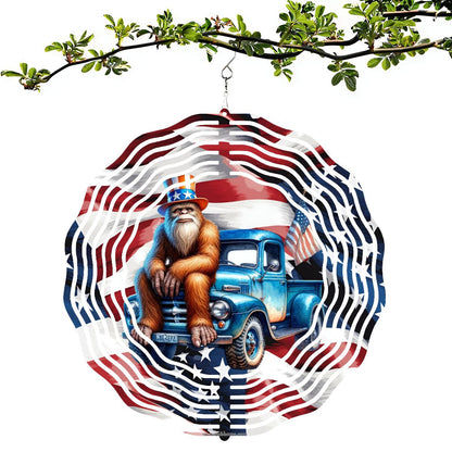 Patriotic Bigfoot, Sasquatch, US Made Hanging Metal 3D Wind Spinner, Ornament