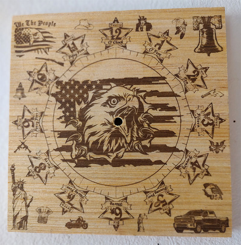 Hand Made Wood "Eagle Flag" , Laser Etched Mechanic Clocks 2 Sizes