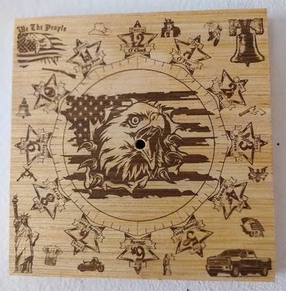 Hand Made Wood "Eagle Flag" , Laser Etched Mechanic Clocks 2 Sizes