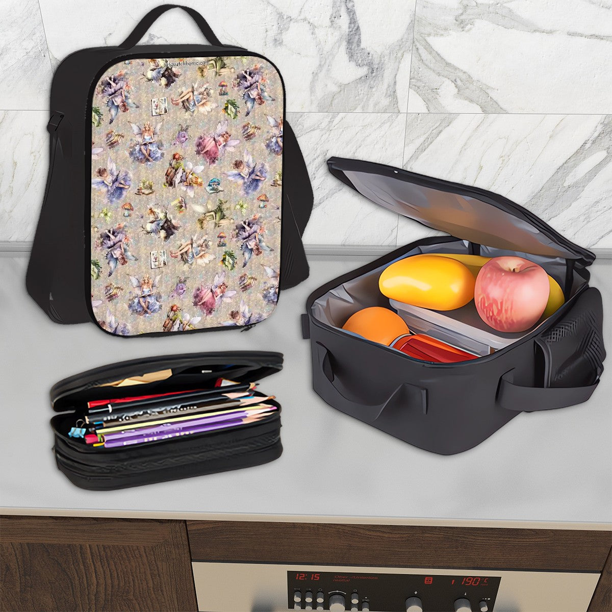 6 Fairy Designs, 3 Piece Bag Set – Oxford Backpack, Lunch Bag, Pencil Pouch